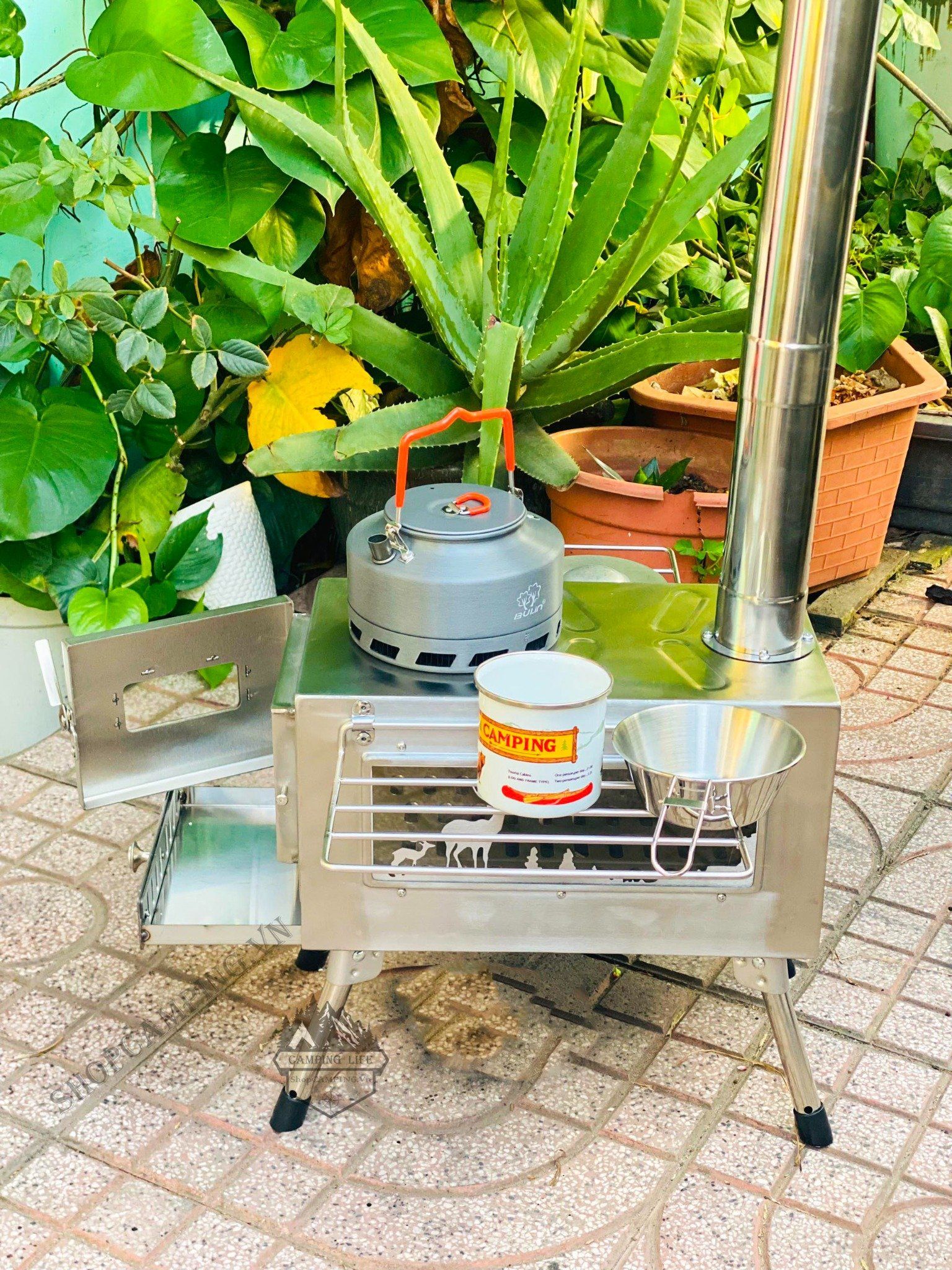 Lò sưởi, bếp sưởi củi Inox dành cho cắm trại dã ngoại