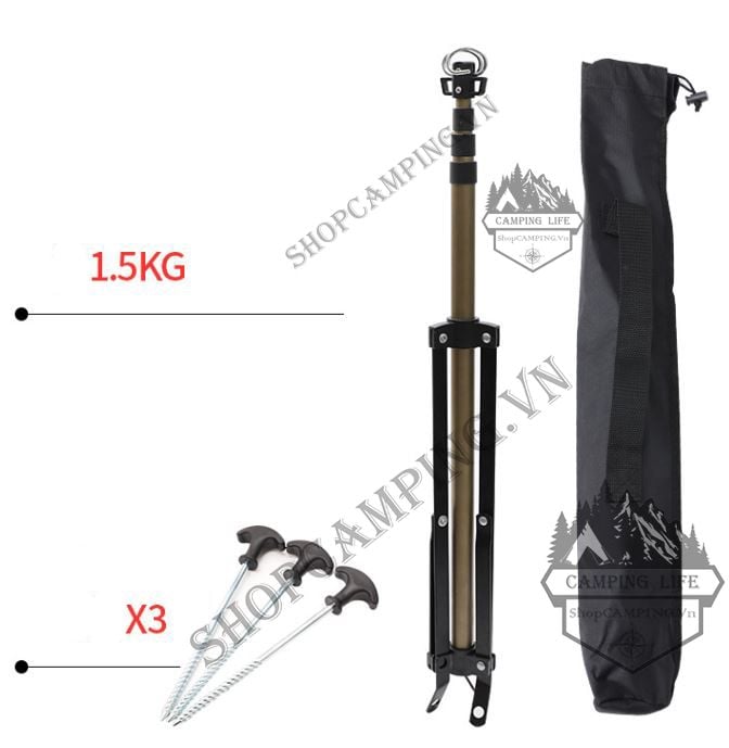 Trụ đèn 3 chân đa năng hợp kim nhôm 2 móc treo dành cho cắm trại dã ngoại