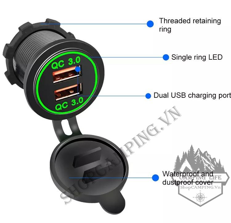 Bộ sạc QC3.0 Cổng USB không thấm nước dành cho Ô tô ,Xe máy