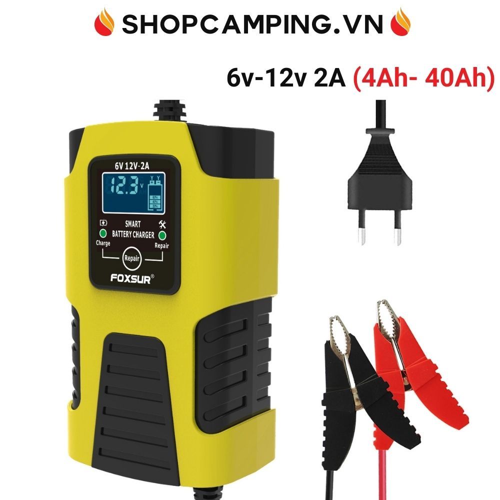 Sạc bình ắc quy 6V 12V dải Pin 4Ah - 40Ah FOXSUR dòng sạc 2A, tự ngắt khi đầy, phục hồi ắc quy khử sunfat, chống ngược cực