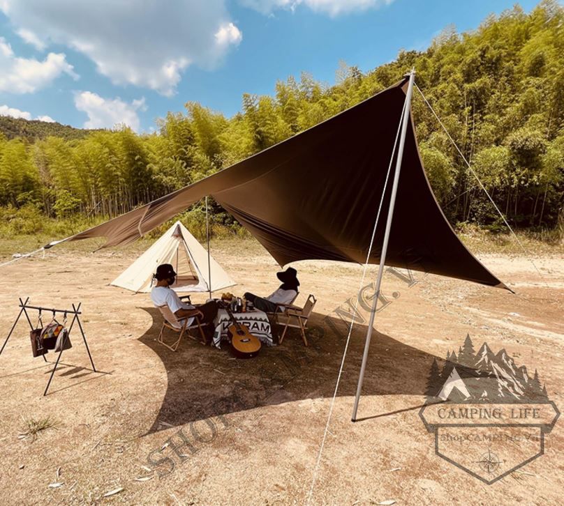 Bộ tăng /tarp bạt che tấm nền phủ đen kèm trụ sắt 3x4m/3x5m dành cho cắm trại dã ngoại