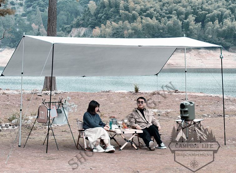 Bộ tăng /tarp bạt che xám kèm trụ sắt 3x5m dành cho cắm trại dã ngoại