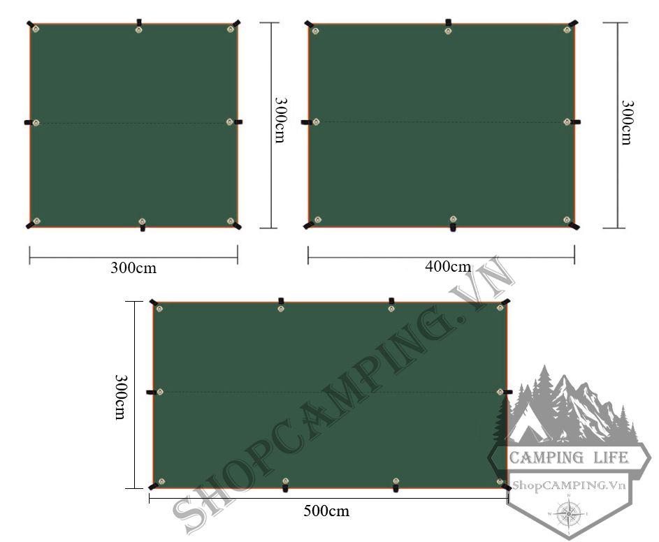 Bộ tăng /tarp bạt che xanh lá, Xanh dương kèm trụ sắt 3x3m/3x4m/3x5m dành cho cắm trại dã ngoại