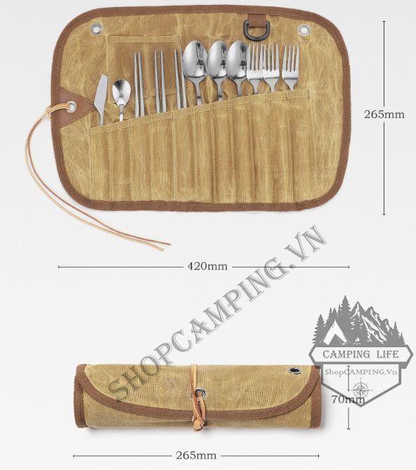 Bộ muỗng đũa nĩa inox 304 gấp gọn cán gỗ, dụng cụ ăn uống tiện lợi cho du lịch, cắm trại dã ngoại