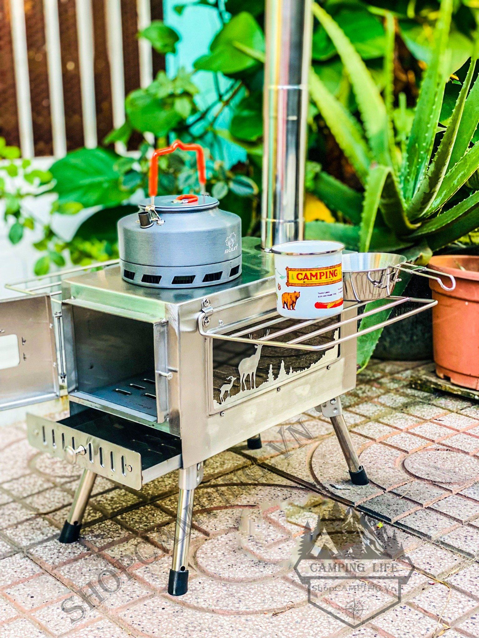 Lò sưởi, bếp sưởi củi Inox dành cho cắm trại dã ngoại