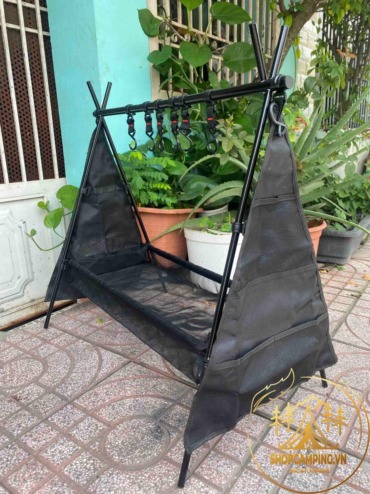 Giá Treo đồ dã ngoại gấp gọn hợp kim nhôm, giá móc đồ chịu Tải 12Kg kèm 6 móc