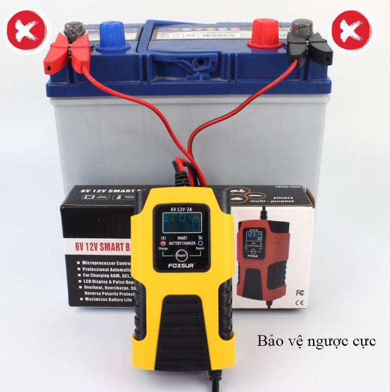 Sạc bình ắc quy 6V 12V dải Pin 4Ah - 40Ah FOXSUR dòng sạc 2A, tự ngắt khi đầy, phục hồi ắc quy khử sunfat, chống ngược cực