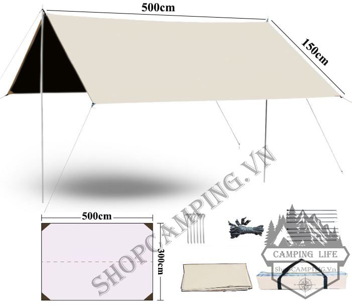 Bộ tăng /tarp bạt che tấm nền phủ đen kèm trụ sắt 3x4m/3x5m dành cho cắm trại dã ngoại