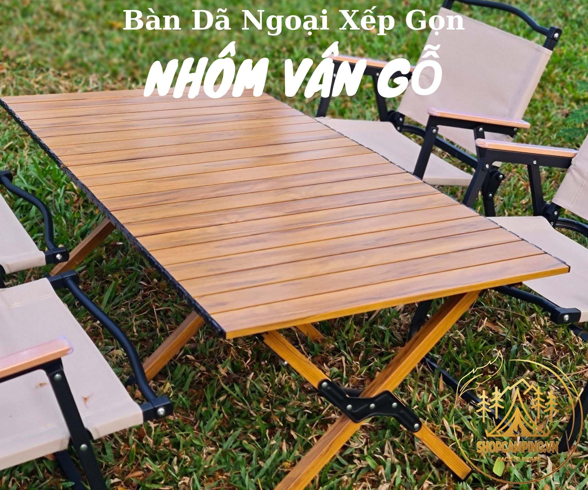 Bàn nhôm vân gỗ gấp gọn 1m2, Bàn xếp gọn cắm trại dã ngoại