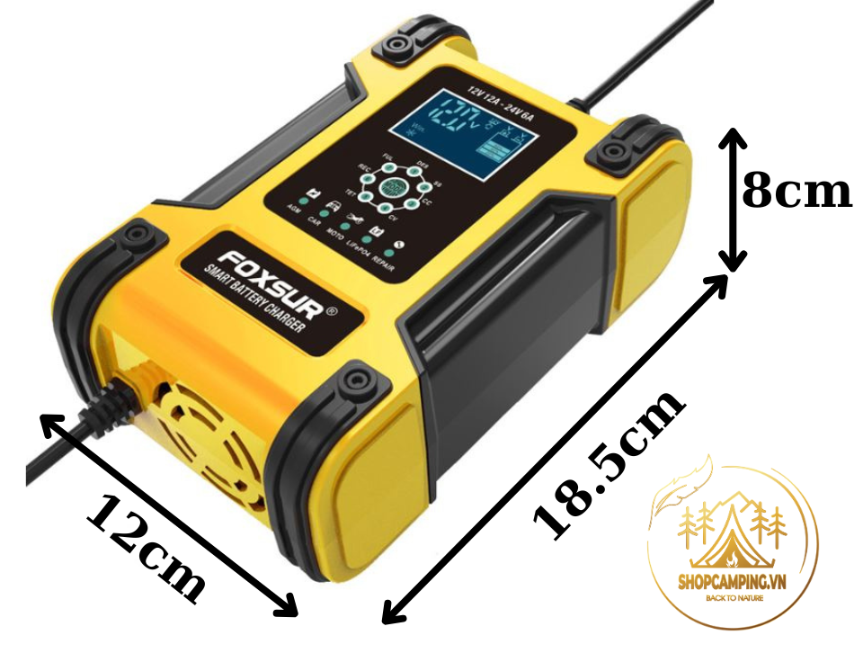 Sạc bình ắc quy 6Ah - 200Ah FOXSUR 12A tự ngắt khi đầy. Phục hồi ắc quy. Khử sunfat chống ngược cực