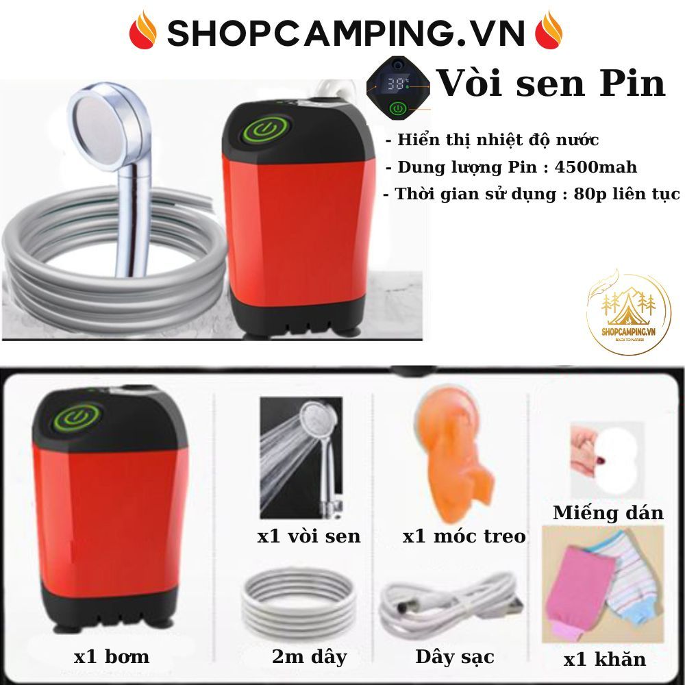 Vòi sen dã ngoại pin xạc dung lượng 4500 mAh, vòi sen tắm có đồng hồ nhiệt độ dùng cho cắm trại dã ngoại