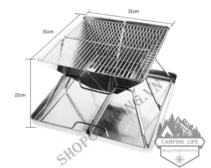 Bếp nướng Camping, bếp than nướng inox xếp gọn siêu dày dành cho cắm trại, dã ngoại