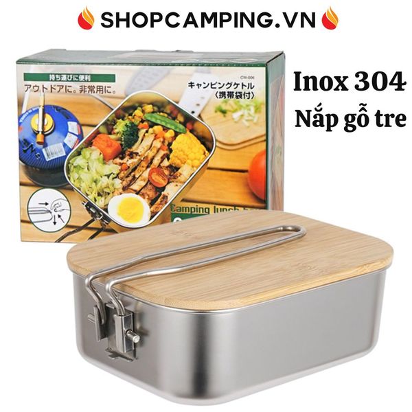  Cà mèn inox 304 nắp gỗ tre đa năng, hộp đựng cơm, thức ăn dã ngoại cắm trại 