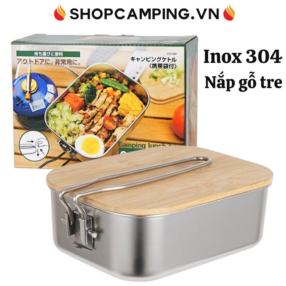 Cà mèn inox 304 nắp gỗ tre đa năng, hộp đựng cơm, thức ăn dã ngoại cắm trại
