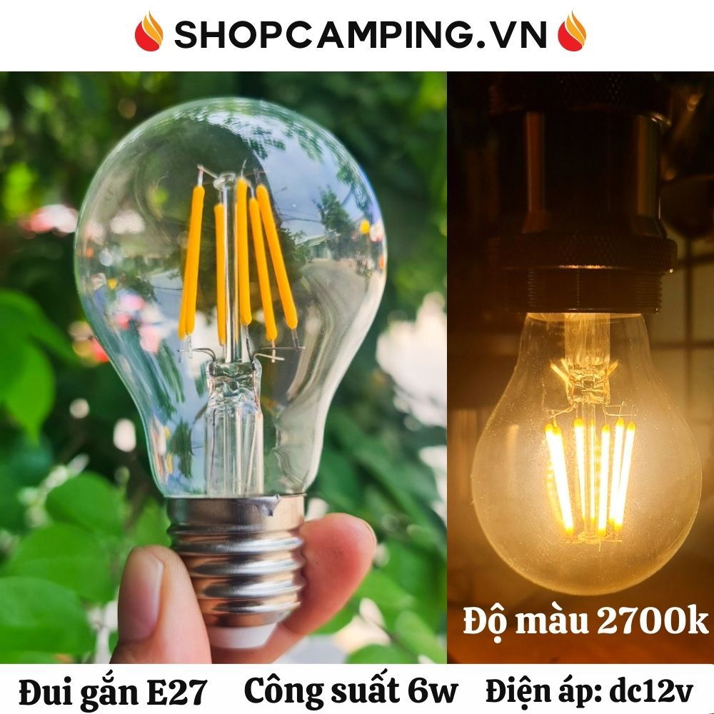 Bóng đèn led Edison A60 công suất 6w dc12v, bóng led ánh sáng vàng đui e27 chống ngược cực