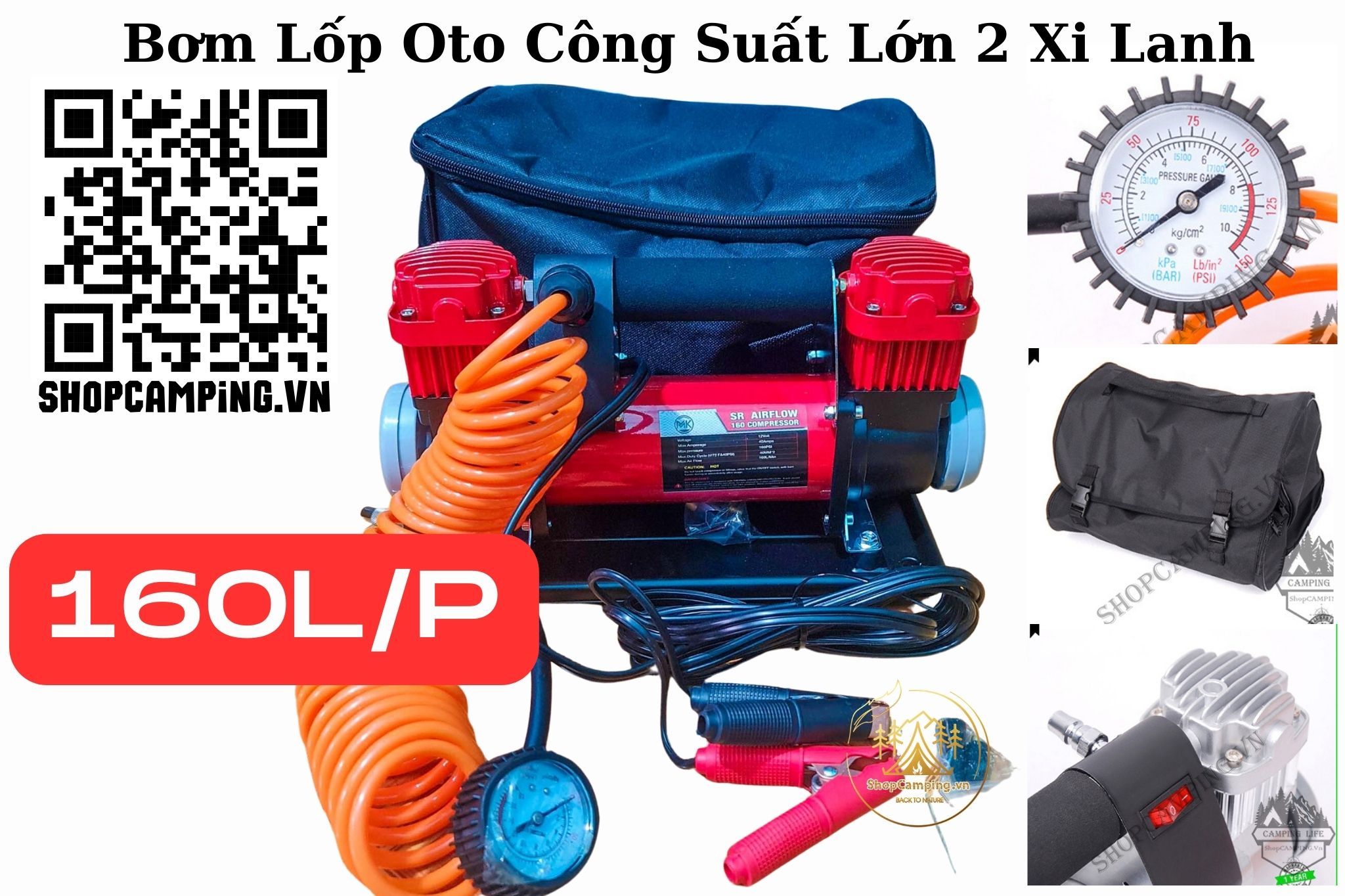 Máy bơm hơi, bơm lốp oto 2 Xi-Lanh công suất cao 160L/Phút chuyên dụng cho xe Offroad