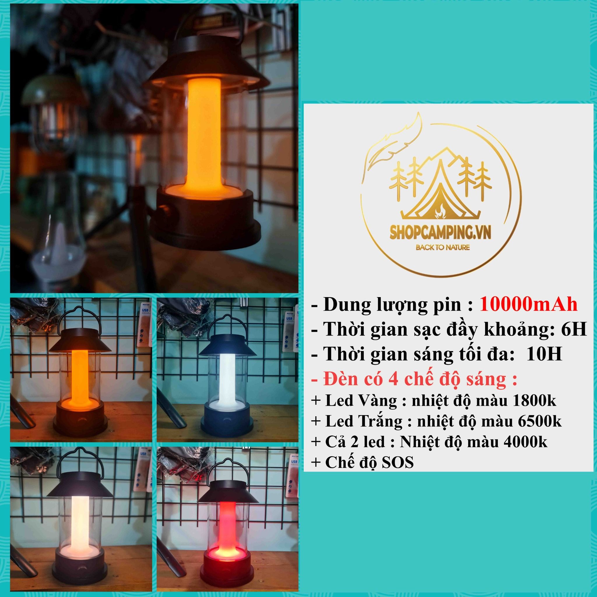 Đèn cắm trại, treo lều pin 10000mah, đèn để bàn vintage 4 chế độ sáng cho cắm trại, dã ngoại