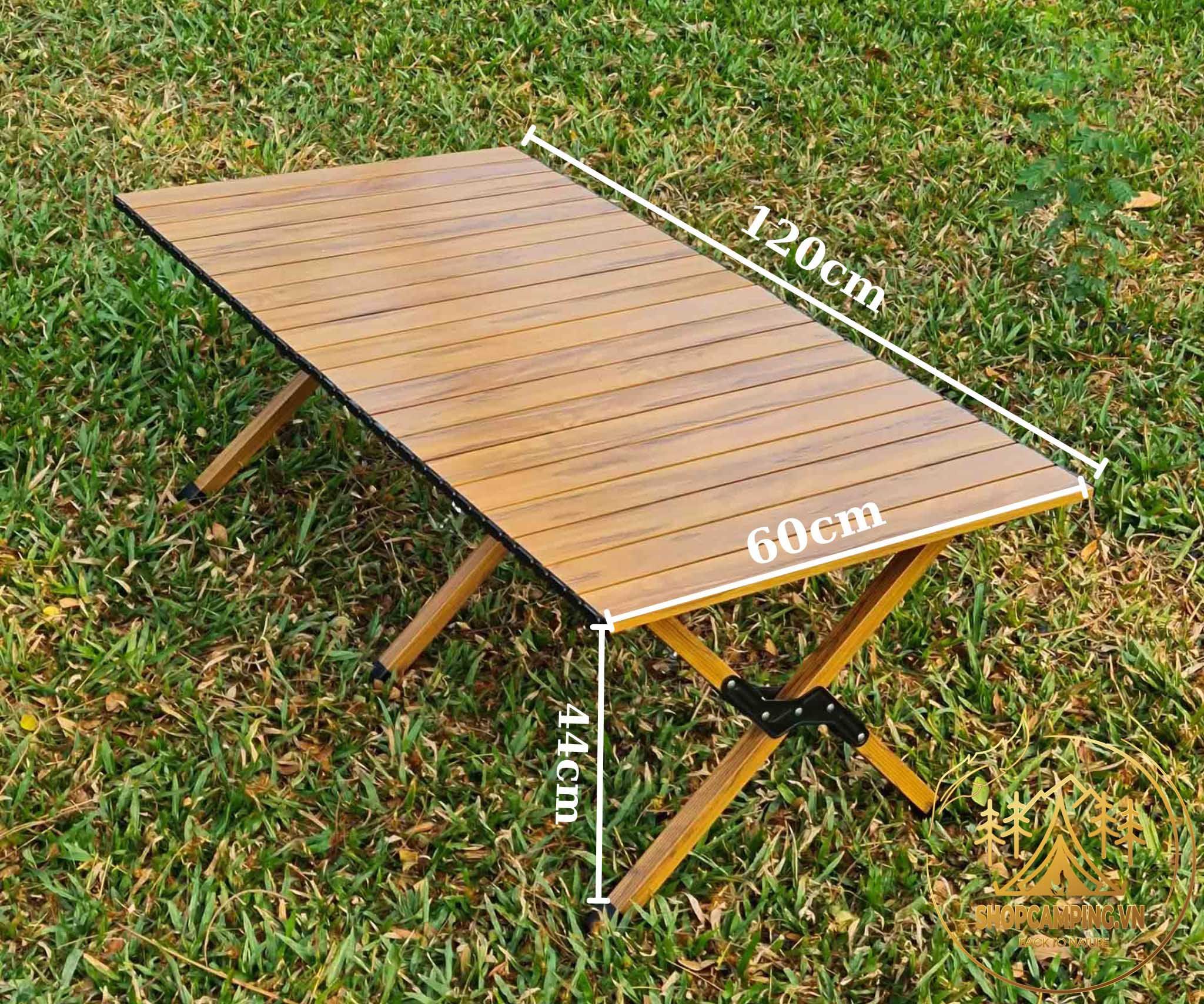Bàn nhôm vân gỗ gấp gọn 1m2, Bàn xếp gọn cắm trại dã ngoại