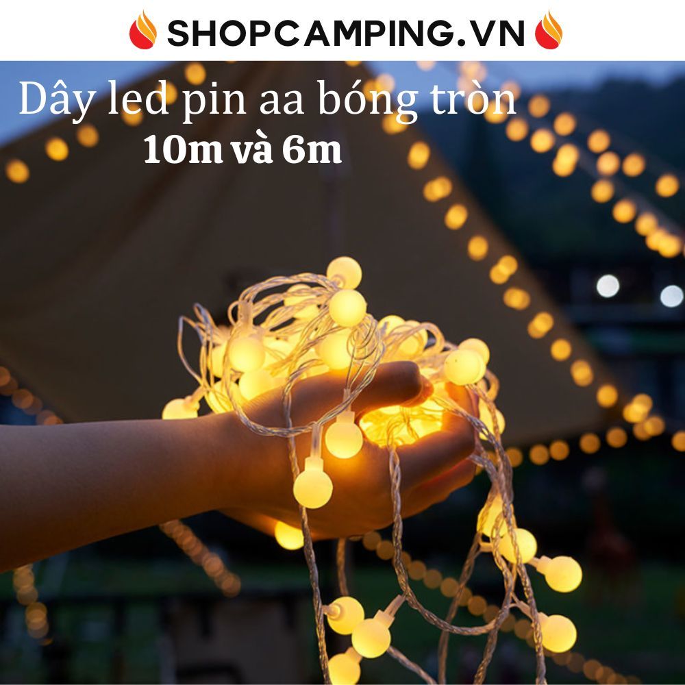 Dây đèn led bóng tròn pin aa ánh sáng vàng, dây led trang trí, dercor tiệc, lều trại dã ngoại