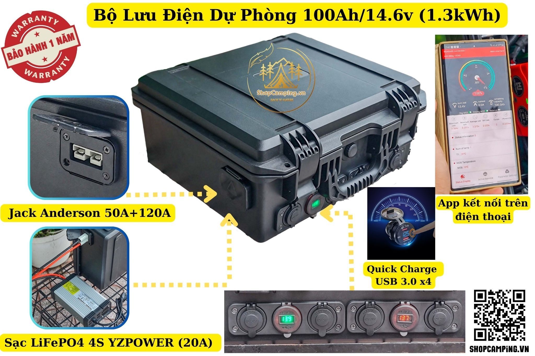 Bộ lưu điện - Trạm tích điện - Trạm sạc - Pin dự phòng dung lượng 100Ah (1.3kWh)