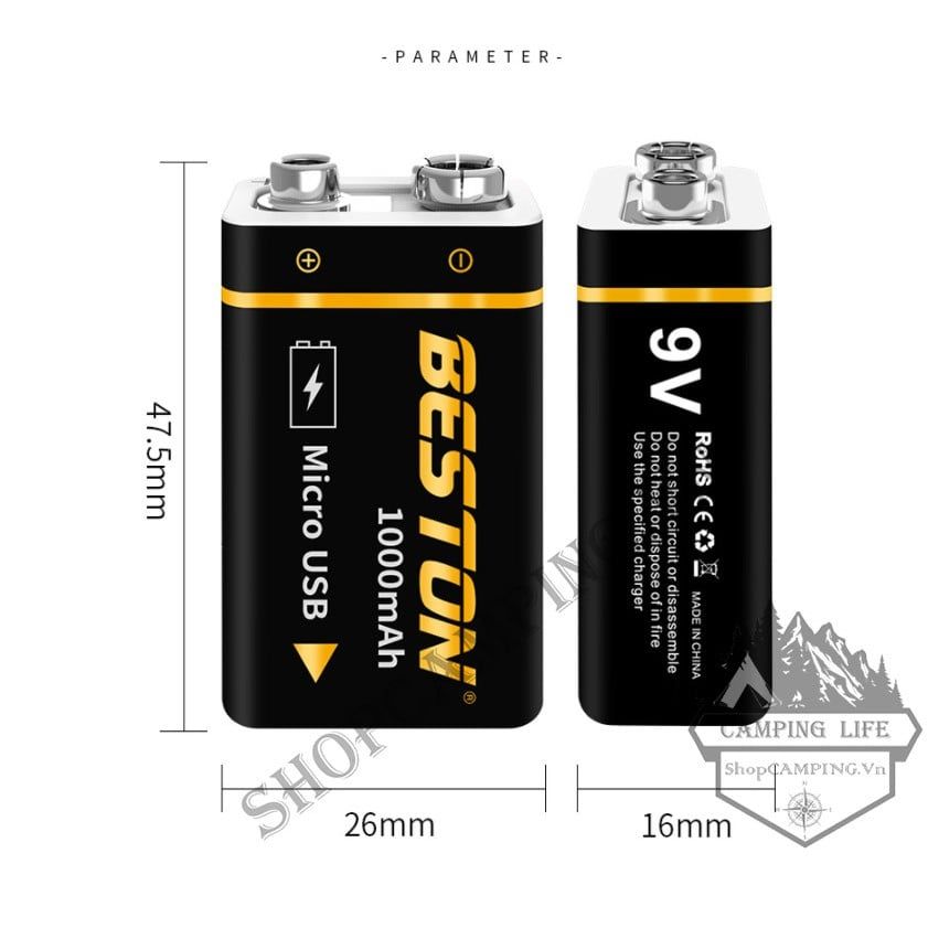 Pin bộ sạc 9v Chính Hãng Beston cao cấp dung lượng cao 1000mAh sạc trực tiếp bằng cáp micro USB