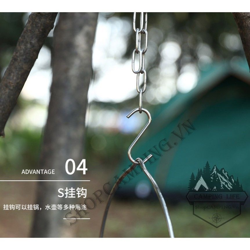 Bộ tam giác treo nồi dã ngoại, Móc dây treo nồi bằng thép không gỉ tiện dụng cắm trại dã ngoại Pathfinder