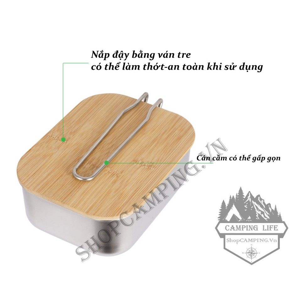 Cà mèn inox 304 nắp gỗ tre đa năng, hộp đựng cơm, thức ăn dã ngoại cắm trại