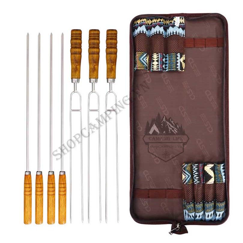 Bộ xiên nướng inox 304 7 món cao cấp, set 7 xiên nướng tay cầm gỗ, que xiên nướng thịt, rau củ