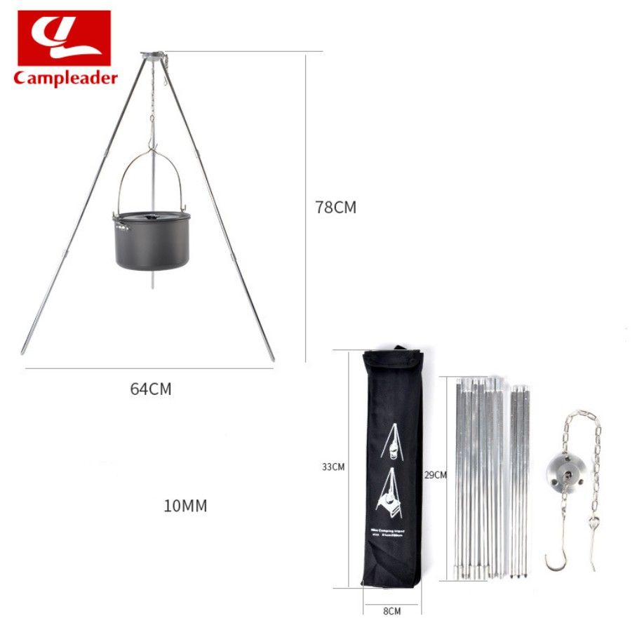 Kiềng 3 chân hợp kim nhôm 4 khúc phi 10mm, giá treo nồi cắm trại, dã ngoại
