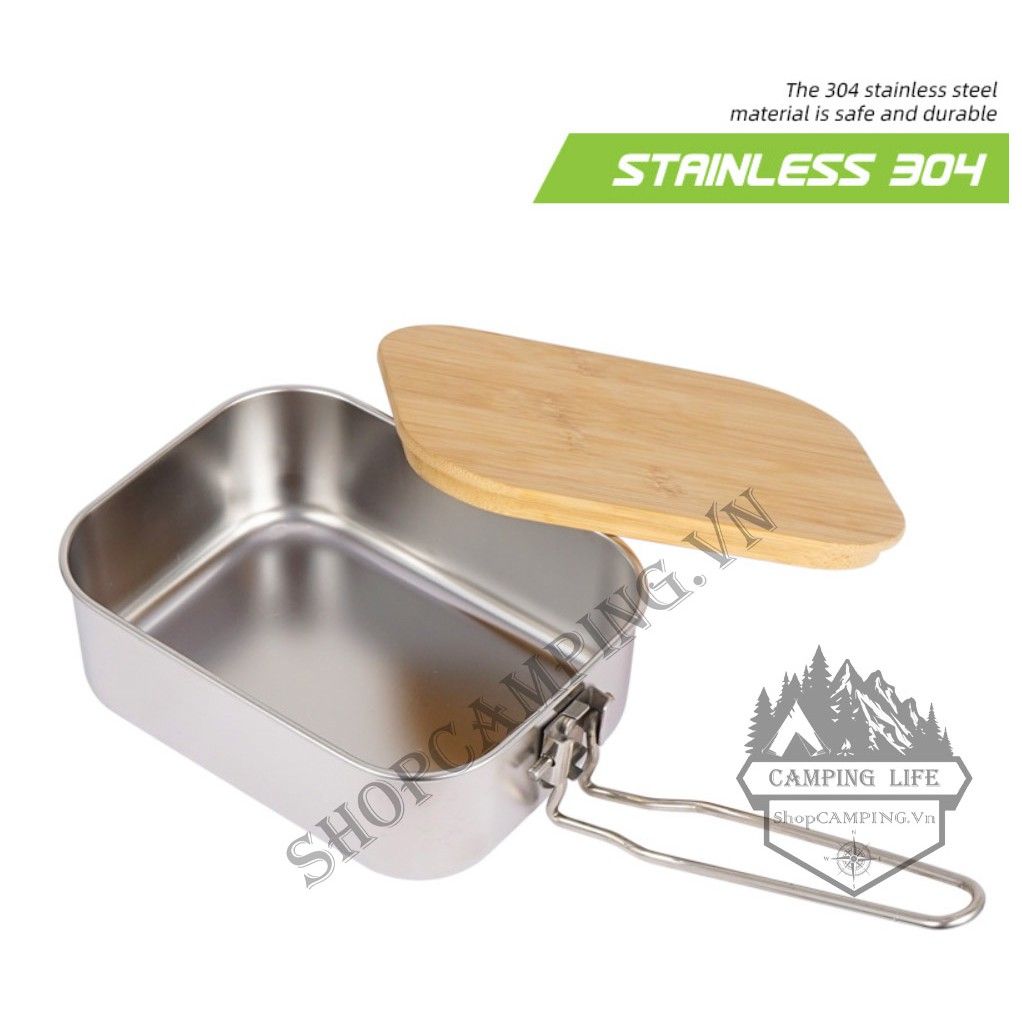 Cà mèn inox 304 nắp gỗ tre đa năng, hộp đựng cơm, thức ăn dã ngoại cắm trại