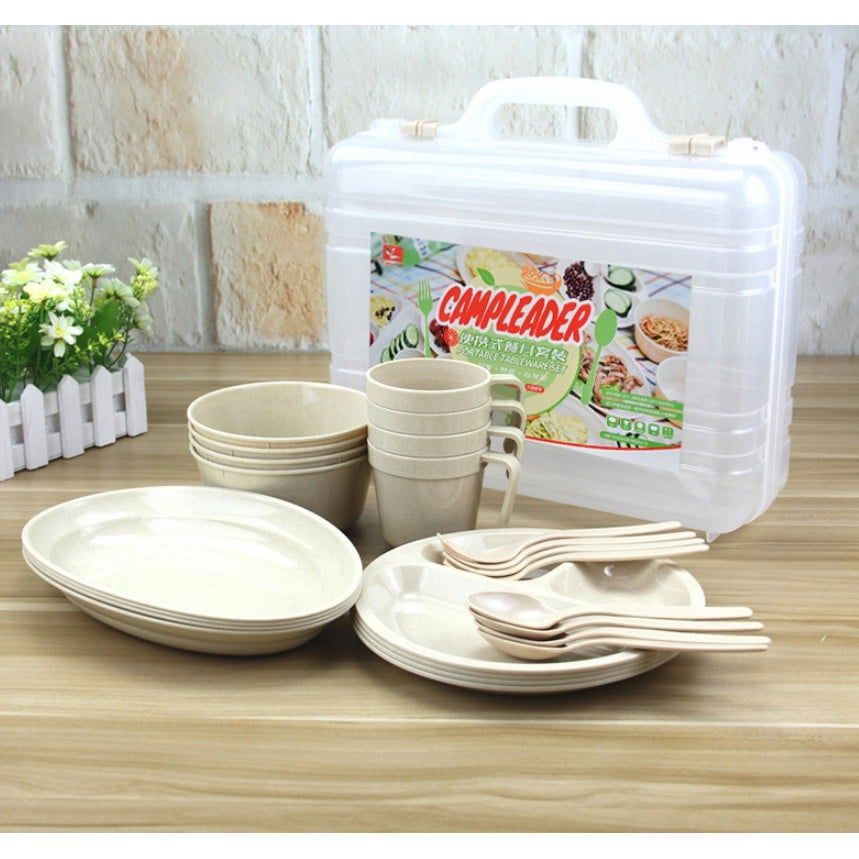Bộ chén đĩa E-cook 24 món xếp gọn, bộ dụng cụ ăn uống có hộp đựng dã ngoại, cắm trại
