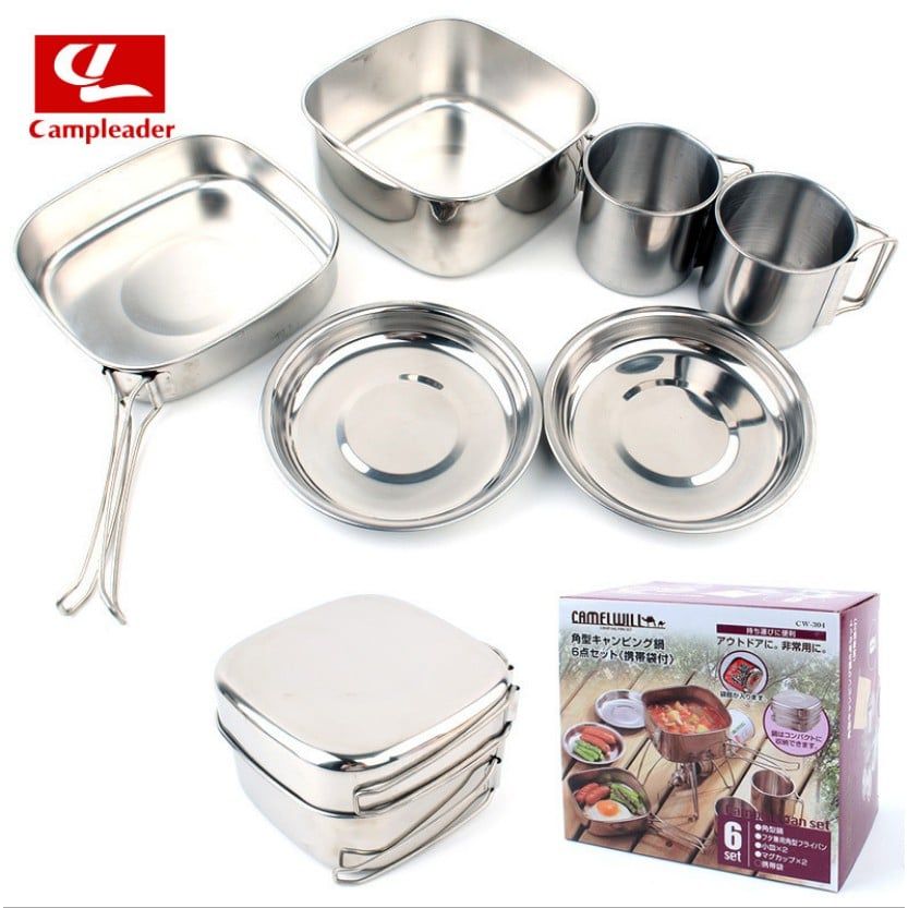 Bộ nồi inox 6 món cắm trại di động 3-4 người