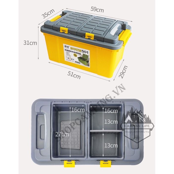 Thùng nhựa đựng đồ chịu lực siêu bền 55L chống nước có ngăn đựng đồ phía trên tiện dụng