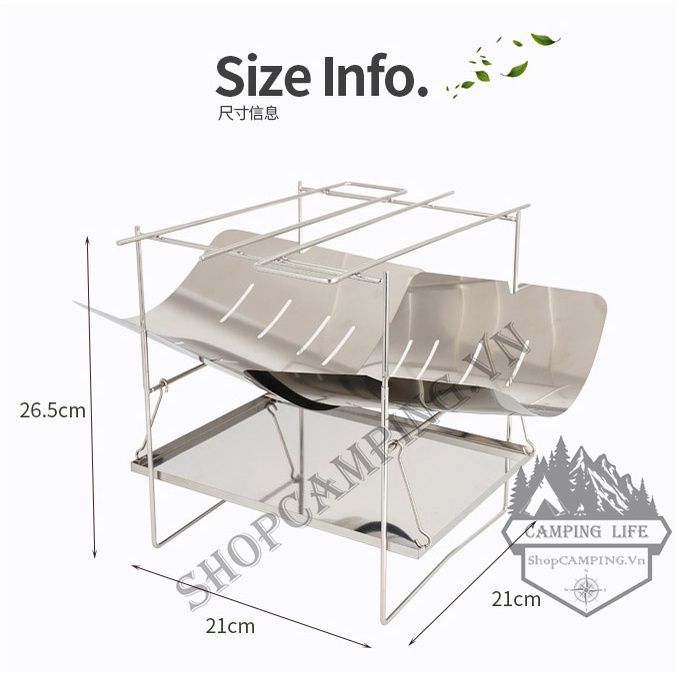 Bếp củi inox 304, bếp nướng xếp gọn có túi đựng dã ngoại, cắm trại