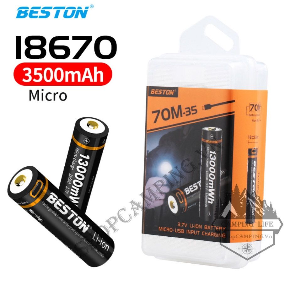 Pin sạc BESTON 18670 3500mAh 70M-35 có mạch bảo vệ, tích hợp cổng sạc li-ion 3.7v