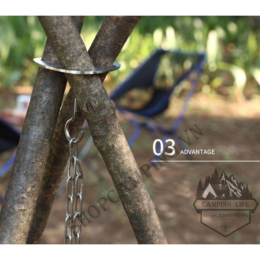 Bộ tam giác treo nồi dã ngoại, Móc dây treo nồi bằng thép không gỉ tiện dụng cắm trại dã ngoại Pathfinder