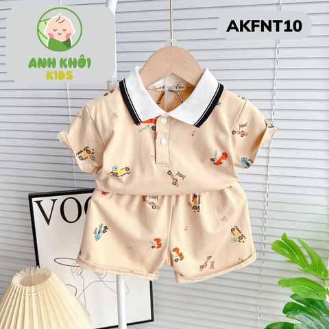  AKFNT10 - Bộ ngắn tay có cổ vải cotton in hình  cho bé trai/gái đi chơi 