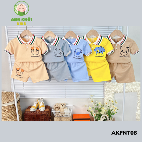  AKFNT08 - Bộ ngắn tay có cổ vải cotton cho bé trai/gái đi chơi 