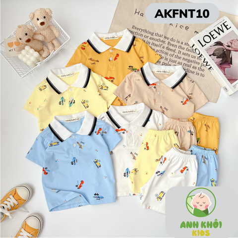  AKFNT10 - Bộ ngắn tay có cổ vải cotton in hình  cho bé trai/gái đi chơi 
