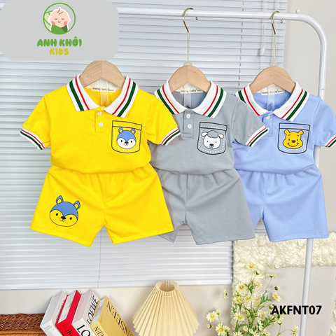  AKFNT07 - Bộ ngắn tay có cổ vải cotton cho bé trai/gái đi chơi 