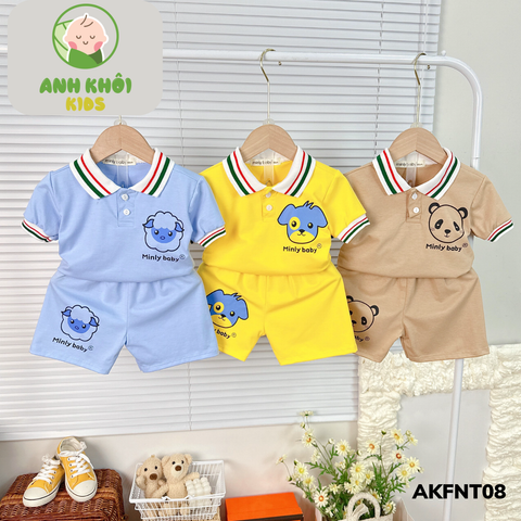  AKFNT08 - Bộ ngắn tay có cổ vải cotton cho bé trai/gái đi chơi 