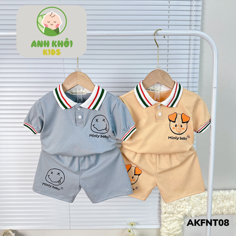  AKFNT08 - Bộ ngắn tay có cổ vải cotton cho bé trai/gái đi chơi 