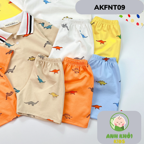  AKFNT09 - Bộ ngắn tay có cổ vải cotton in hình khủng long cho bé trai/gái đi chơi 