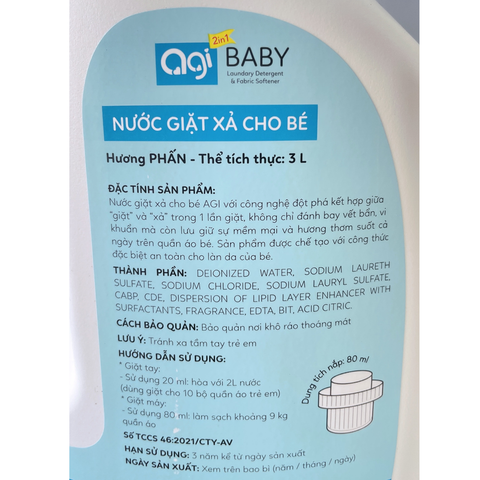  Nước giặt xả cho bé Agi hương phấn can 3L 