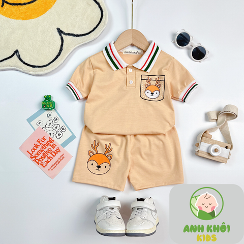  AKFNT07 - Bộ ngắn tay có cổ vải cotton cho bé trai/gái đi chơi 