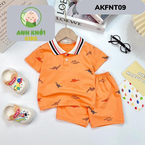  AKFNT09 - Bộ ngắn tay có cổ vải cotton in hình khủng long cho bé trai/gái đi chơi 