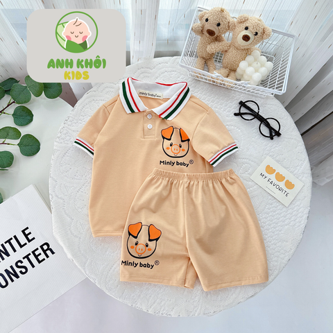  AKFNT08 - Bộ ngắn tay có cổ vải cotton cho bé trai/gái đi chơi 