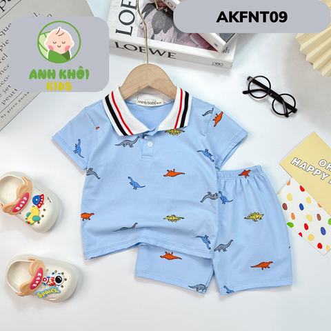  AKFNT09 - Bộ ngắn tay có cổ vải cotton in hình khủng long cho bé trai/gái đi chơi 