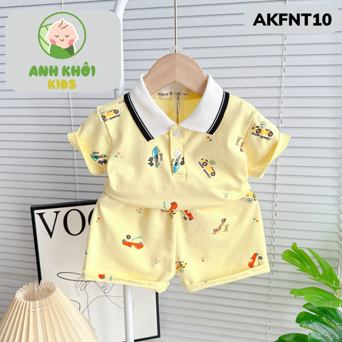  AKFNT10 - Bộ ngắn tay có cổ vải cotton in hình  cho bé trai/gái đi chơi 