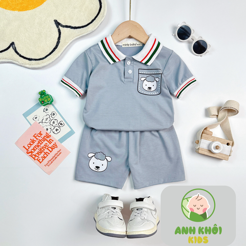  AKFNT07 - Bộ ngắn tay có cổ vải cotton cho bé trai/gái đi chơi 